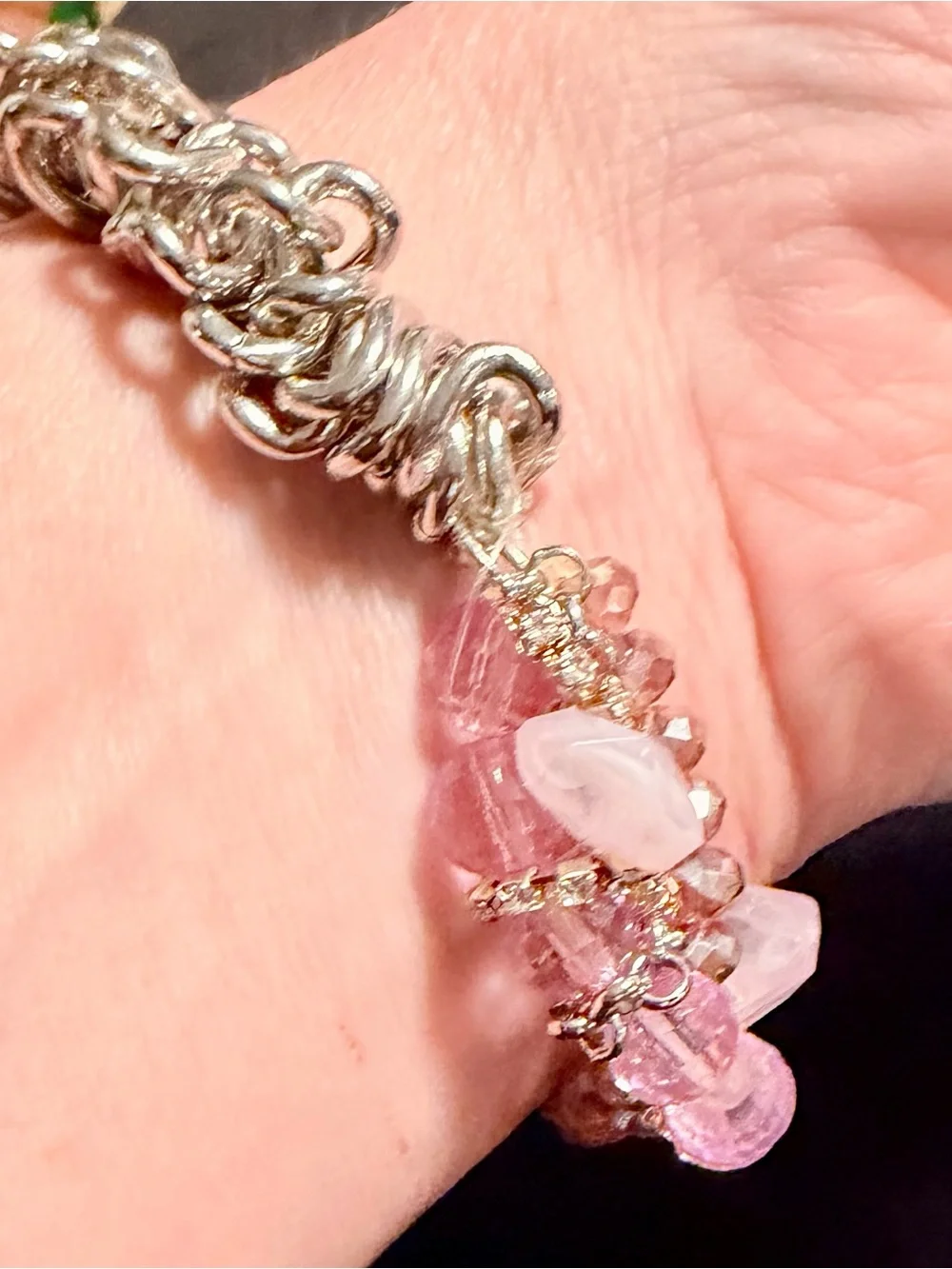 Artisan Pink Crystal Beaded Silver Tone Chainmail Statement Bracelet